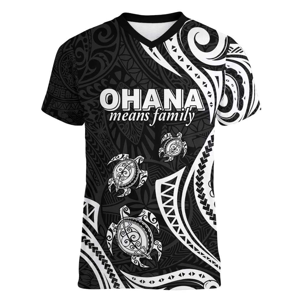 Hawaii Ohana Means Family Women V-Neck T-Shirt Sea Turtle Polynesian Style