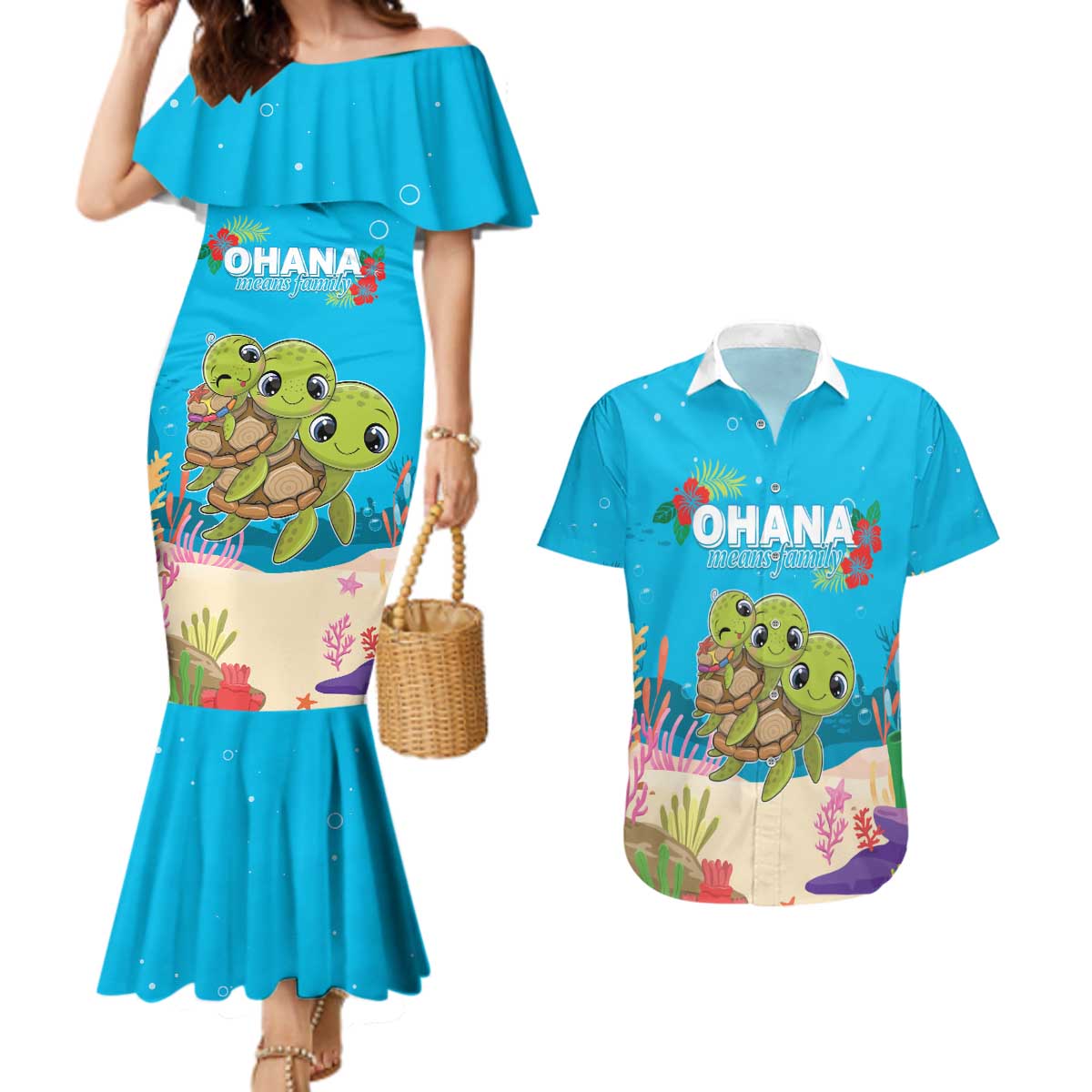 Ohana Hawaii Couples Matching Mermaid Dress and Hawaiian Shirt Kawaii Family Turtle