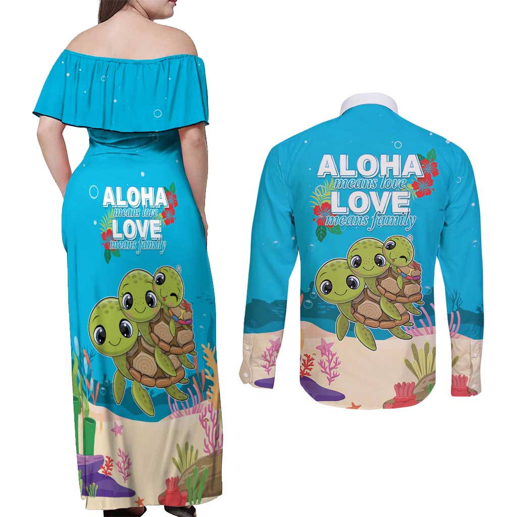 Ohana Hawaii Couples Matching Off Shoulder Maxi Dress and Long Sleeve Button Shirt Kawaii Family Turtle