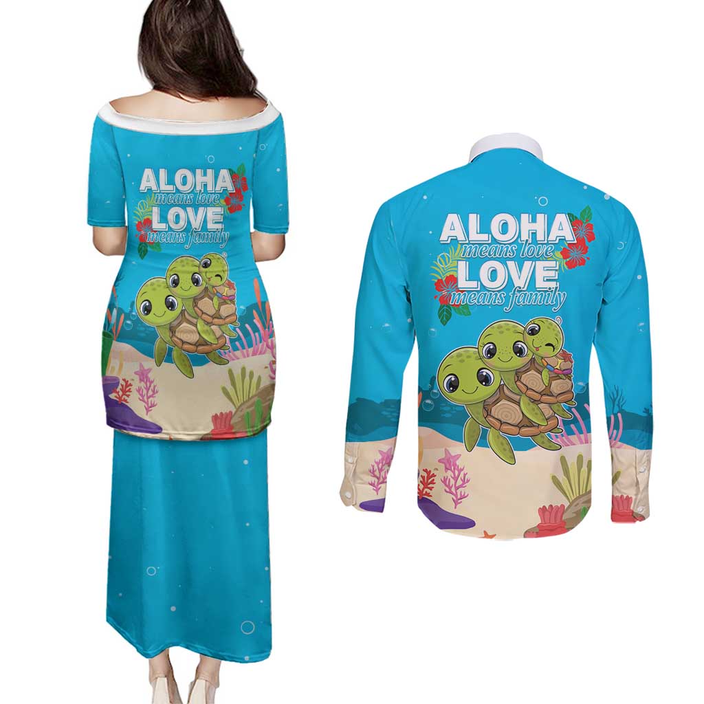 Ohana Hawaii Couples Matching Puletasi and Long Sleeve Button Shirt Kawaii Family Turtle