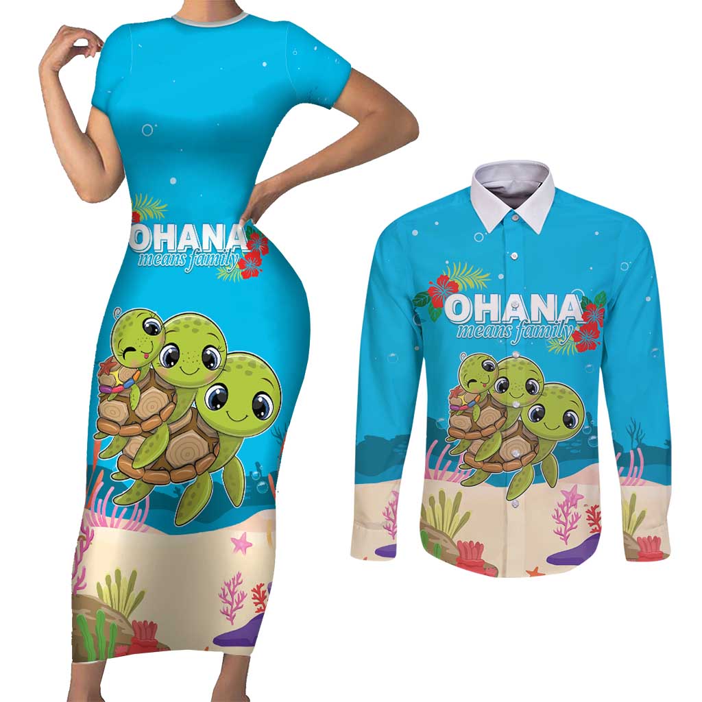 Ohana Hawaii Couples Matching Short Sleeve Bodycon Dress and Long Sleeve Button Shirt Kawaii Family Turtle