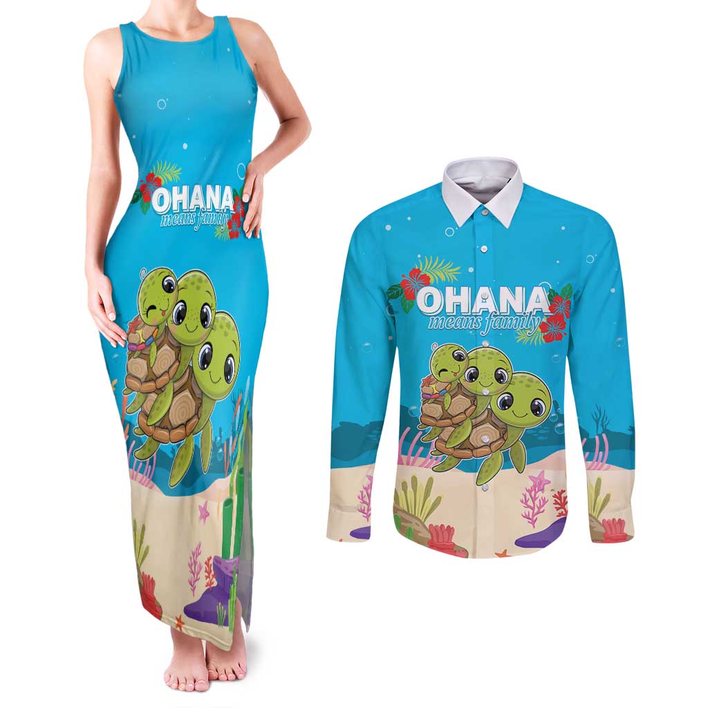 Ohana Hawaii Couples Matching Tank Maxi Dress and Long Sleeve Button Shirt Kawaii Family Turtle