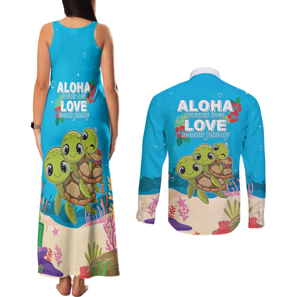 Ohana Hawaii Couples Matching Tank Maxi Dress and Long Sleeve Button Shirt Kawaii Family Turtle