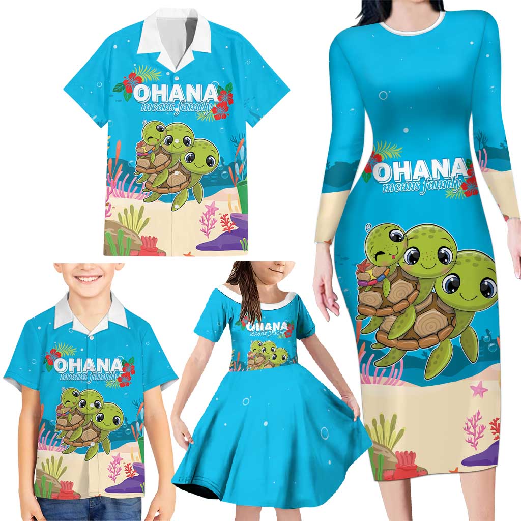 Ohana Hawaii Family Matching Long Sleeve Bodycon Dress and Hawaiian Shirt Kawaii Family Turtle