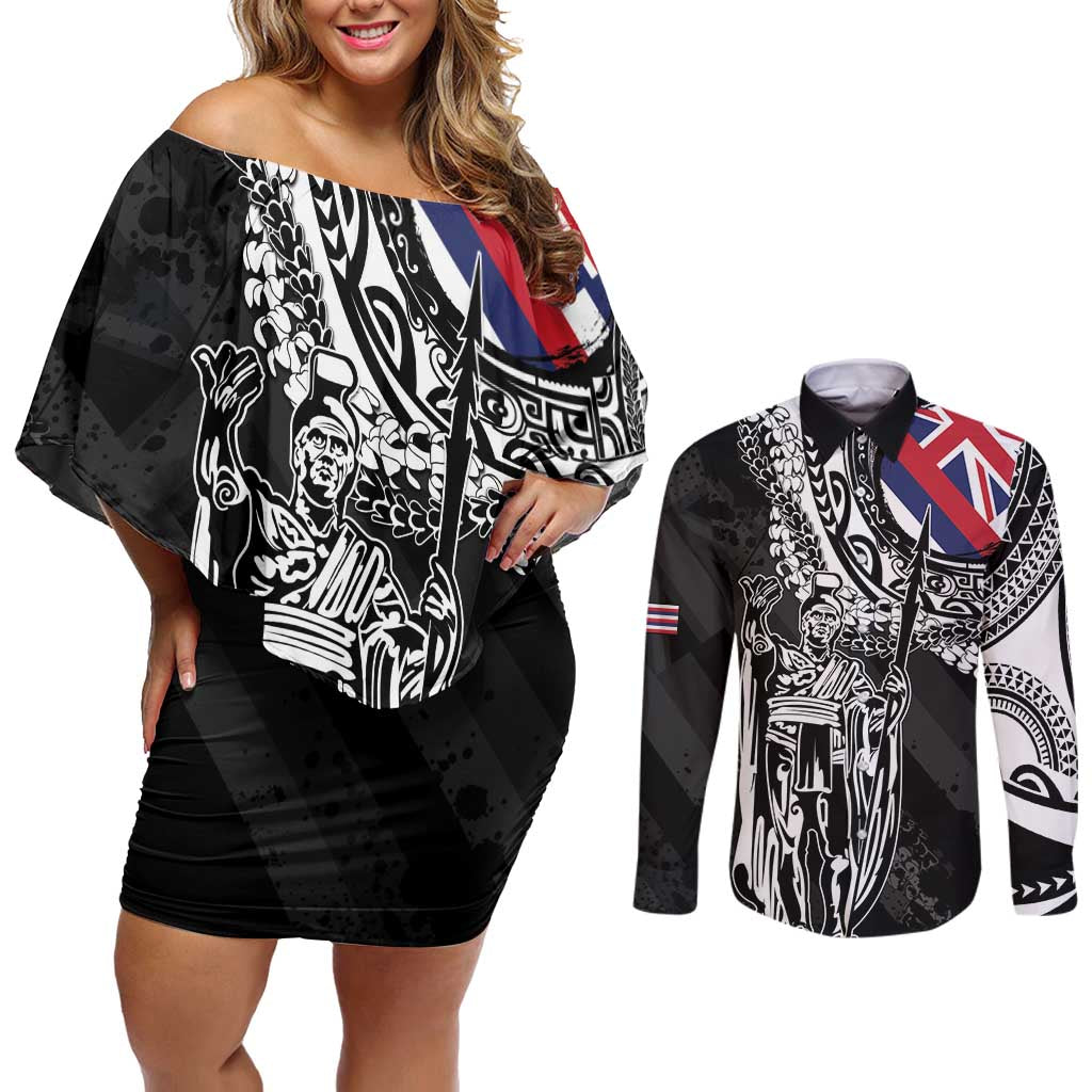 Hawaii King Flag Couples Matching Off Shoulder Short Dress and Long Sleeve Button Shirt Hawaiian Maile Lei LT05 Black - Polynesian Pride