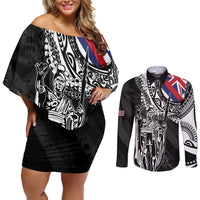 Hawaii King Flag Couples Matching Off Shoulder Short Dress and Long Sleeve Button Shirt Hawaiian Maile Lei LT05 Black - Polynesian Pride
