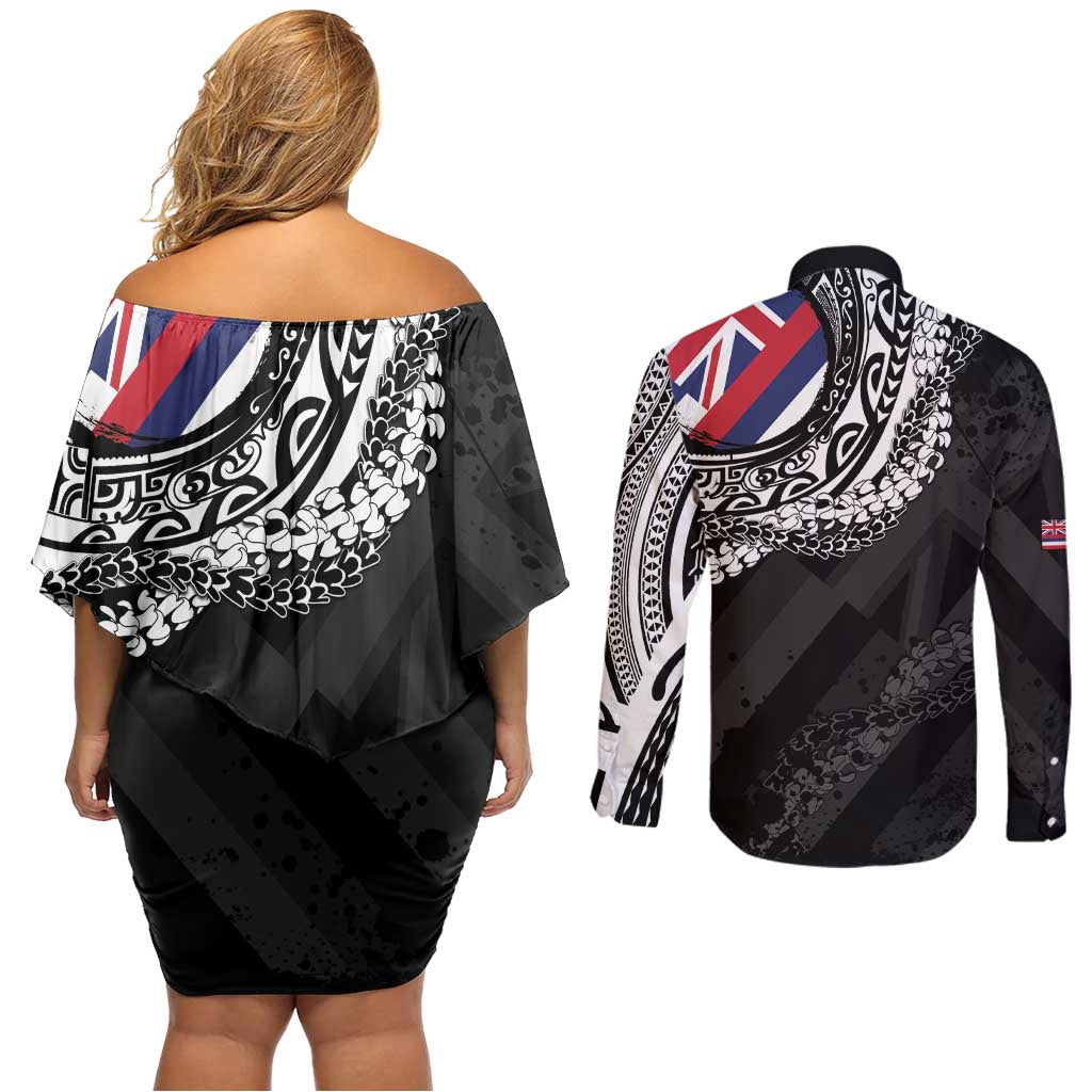 Hawaii King Flag Couples Matching Off Shoulder Short Dress and Long Sleeve Button Shirt Hawaiian Maile Lei LT05 - Polynesian Pride
