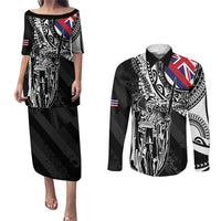 Hawaii King Flag Couples Matching Puletasi and Long Sleeve Button Shirt Hawaiian Maile Lei - Polynesian Pride