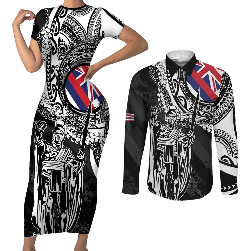 Hawaii King Flag Couples Matching Short Sleeve Bodycon Dress and Long Sleeve Button Shirt Hawaiian Maile Lei - Polynesian Pride