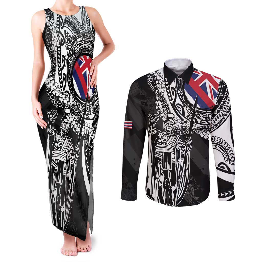 Hawaii King Flag Couples Matching Tank Maxi Dress and Long Sleeve Button Shirt Hawaiian Maile Lei LT05 Black - Polynesian Pride