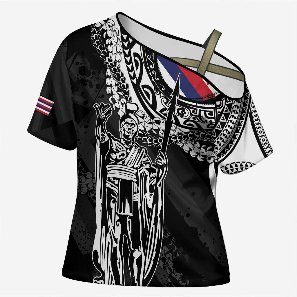 Hawaii King Flag Cross Shoulder Shirt Hawaiian Maile Lei - Polynesian Pride