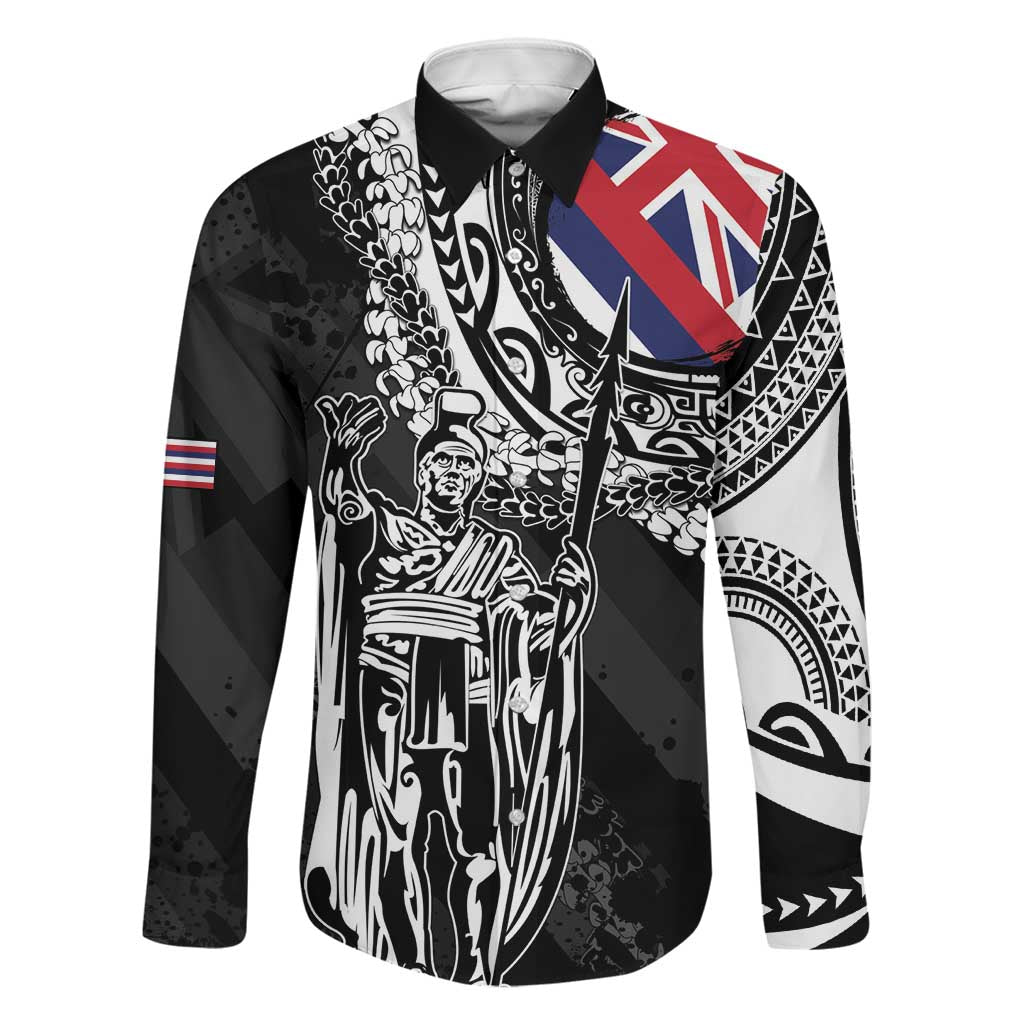 Hawaii King Flag Family Matching Off Shoulder Maxi Dress and Hawaiian Shirt Hawaiian Maile Lei LT05 Dad's Shirt - Long Sleeve Black - Polynesian Pride
