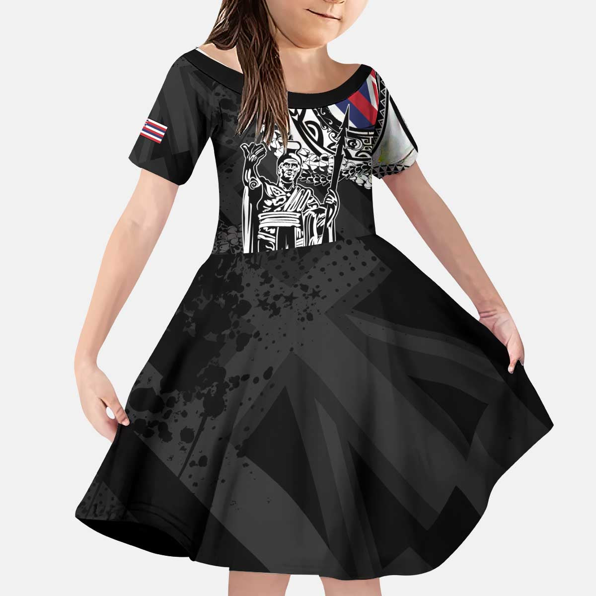 Hawaii King Flag Kid Short Sleeve Dress Hawaiian Maile Lei - Polynesian Pride