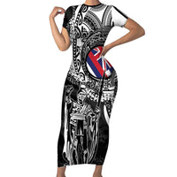 Hawaii King Flag Short Sleeve Bodycon Dress Hawaiian Maile Lei - Polynesian Pride