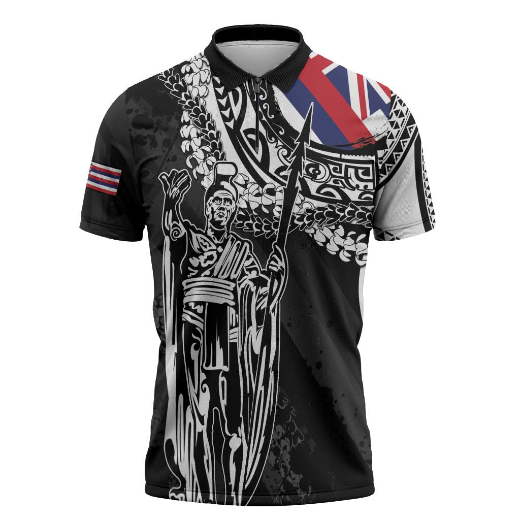 Hawaii King Flag Zipper Polo Shirt Hawaiian Maile Lei - Polynesian Pride