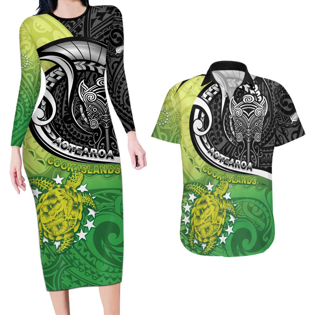 Personalised New Zealand Cook Islands Couples Matching Long Sleeve Bodycon Dress and Hawaiian Shirt Maori Tiki With Circle Stars Turtle LT05 Multicolor - Polynesian Pride
