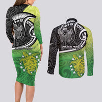 Personalised New Zealand Cook Islands Couples Matching Long Sleeve Bodycon Dress and Long Sleeve Button Shirt Maori Tiki With Circle Stars Turtle LT05 - Polynesian Pride