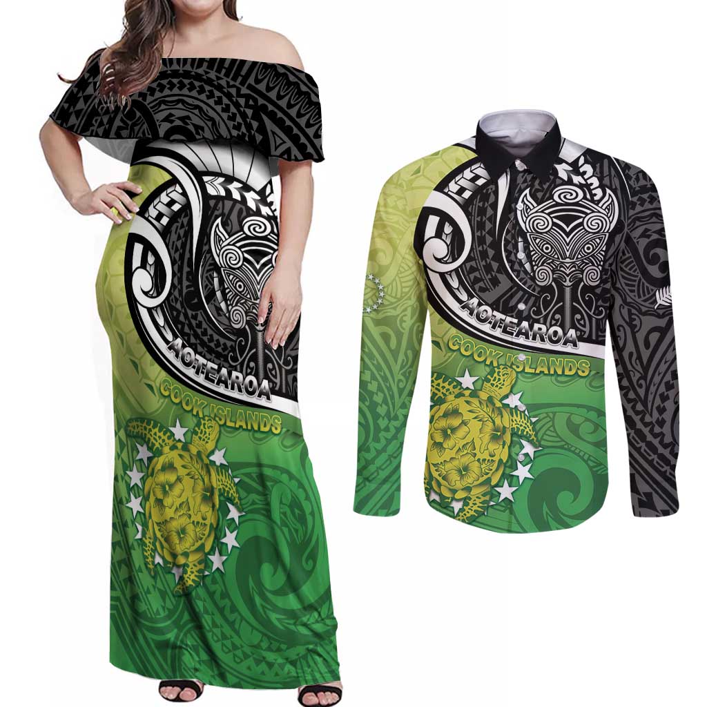 Personalised New Zealand Cook Islands Couples Matching Off Shoulder Maxi Dress and Long Sleeve Button Shirt Maori Tiki With Circle Stars Turtle LT05 Multicolor - Polynesian Pride