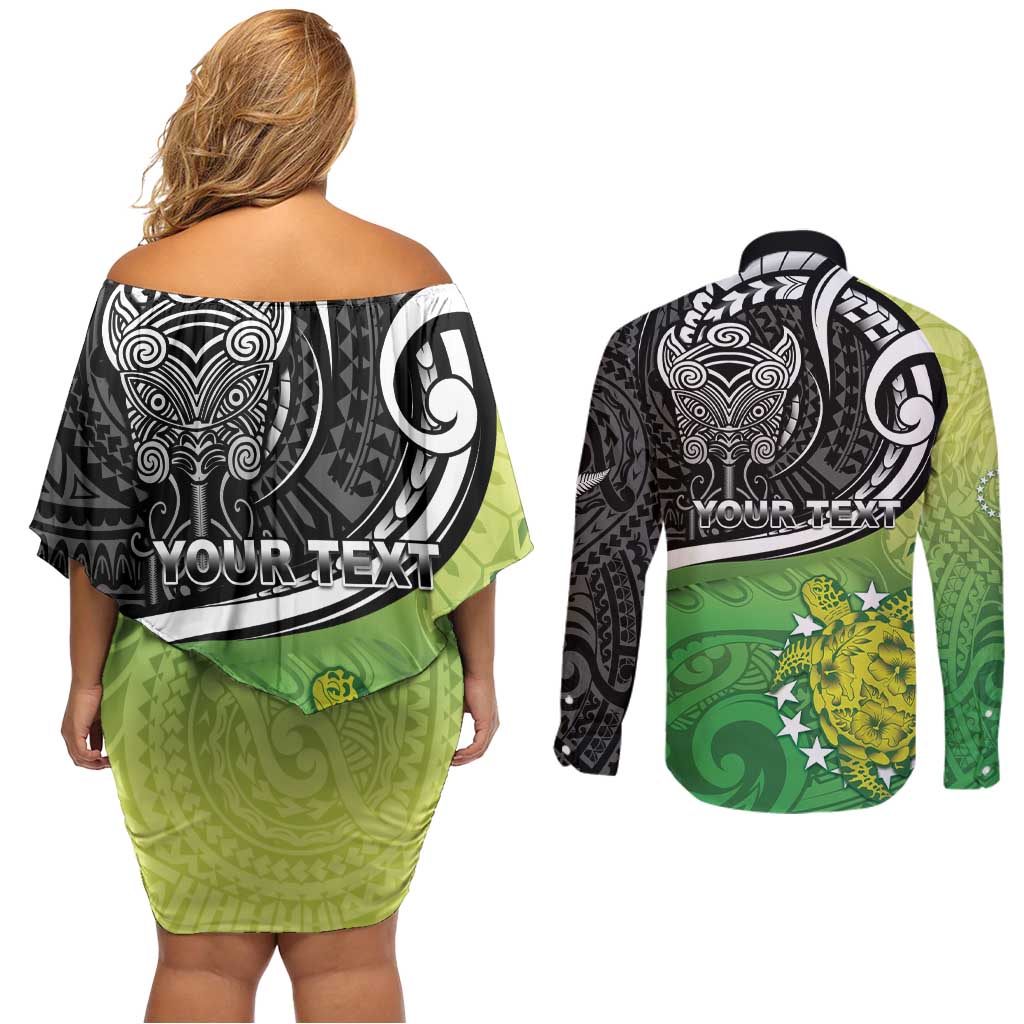 Personalised New Zealand Cook Islands Couples Matching Off Shoulder Short Dress and Long Sleeve Button Shirt Maori Tiki With Circle Stars Turtle LT05 - Polynesian Pride