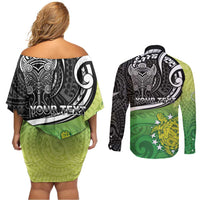 Personalised New Zealand Cook Islands Couples Matching Off Shoulder Short Dress and Long Sleeve Button Shirt Maori Tiki With Circle Stars Turtle LT05 - Polynesian Pride