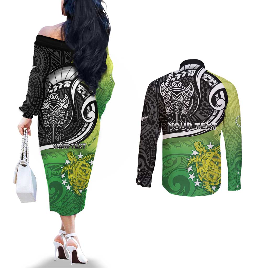 Personalised New Zealand Cook Islands Couples Matching Off The Shoulder Long Sleeve Dress and Long Sleeve Button Shirt Maori Tiki With Circle Stars Turtle LT05 - Polynesian Pride