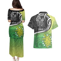 Personalised New Zealand Cook Islands Couples Matching Puletasi and Hawaiian Shirt Maori Tiki With Circle Stars Turtle LT05 - Polynesian Pride