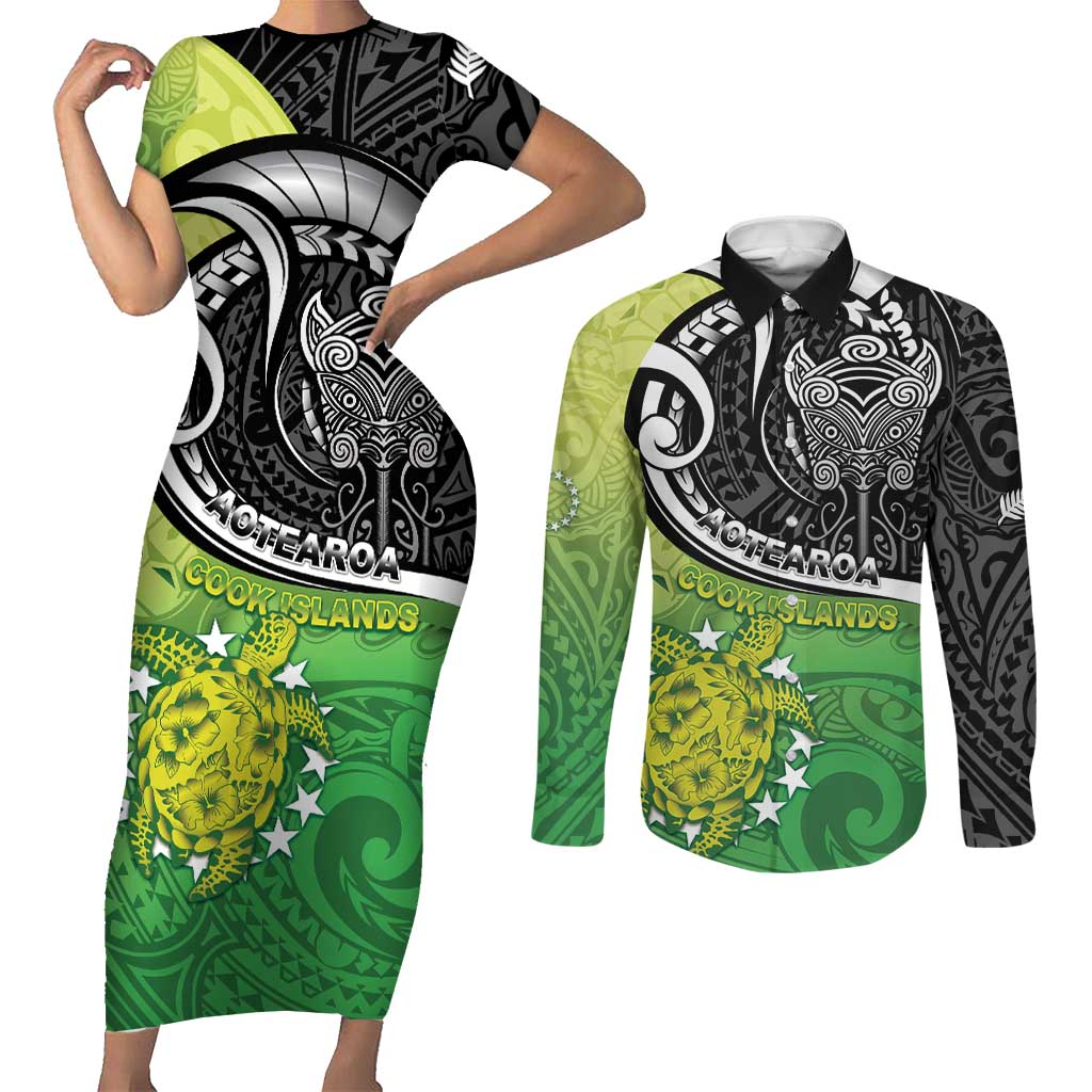 Custom New Zealand Cook Islands Couples Matching Short Sleeve Bodycon Dress and Long Sleeve Button Shirt Maori Tiki With Circle Stars Turtle - Polynesian Pride