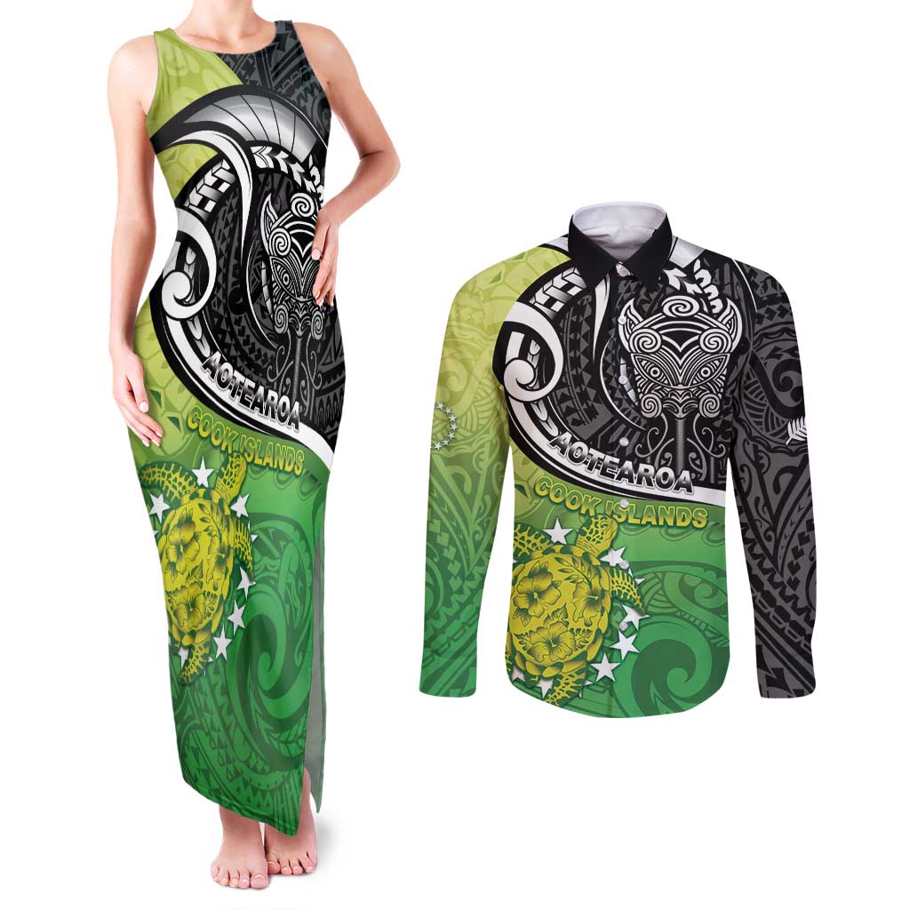 Personalised New Zealand Cook Islands Couples Matching Tank Maxi Dress and Long Sleeve Button Shirt Maori Tiki With Circle Stars Turtle LT05 Multicolor - Polynesian Pride