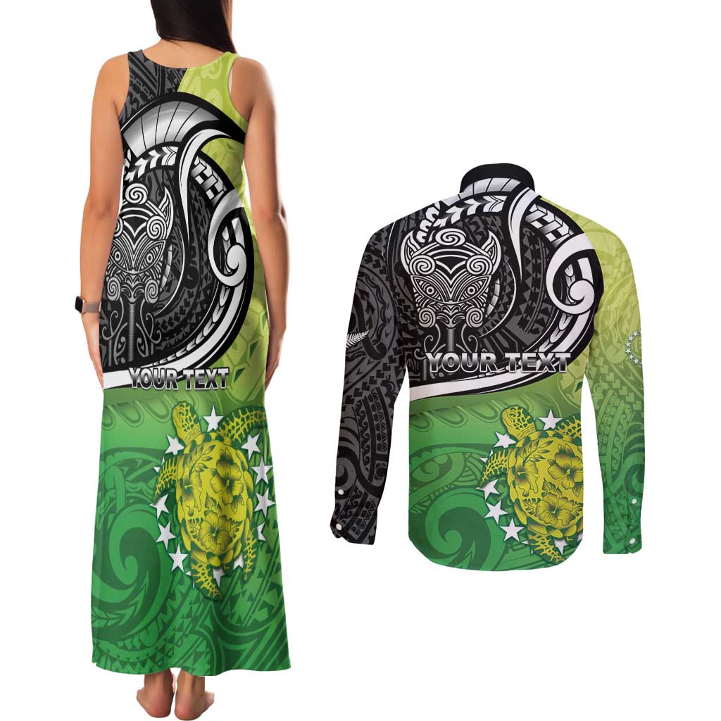 Personalised New Zealand Cook Islands Couples Matching Tank Maxi Dress and Long Sleeve Button Shirt Maori Tiki With Circle Stars Turtle LT05 - Polynesian Pride
