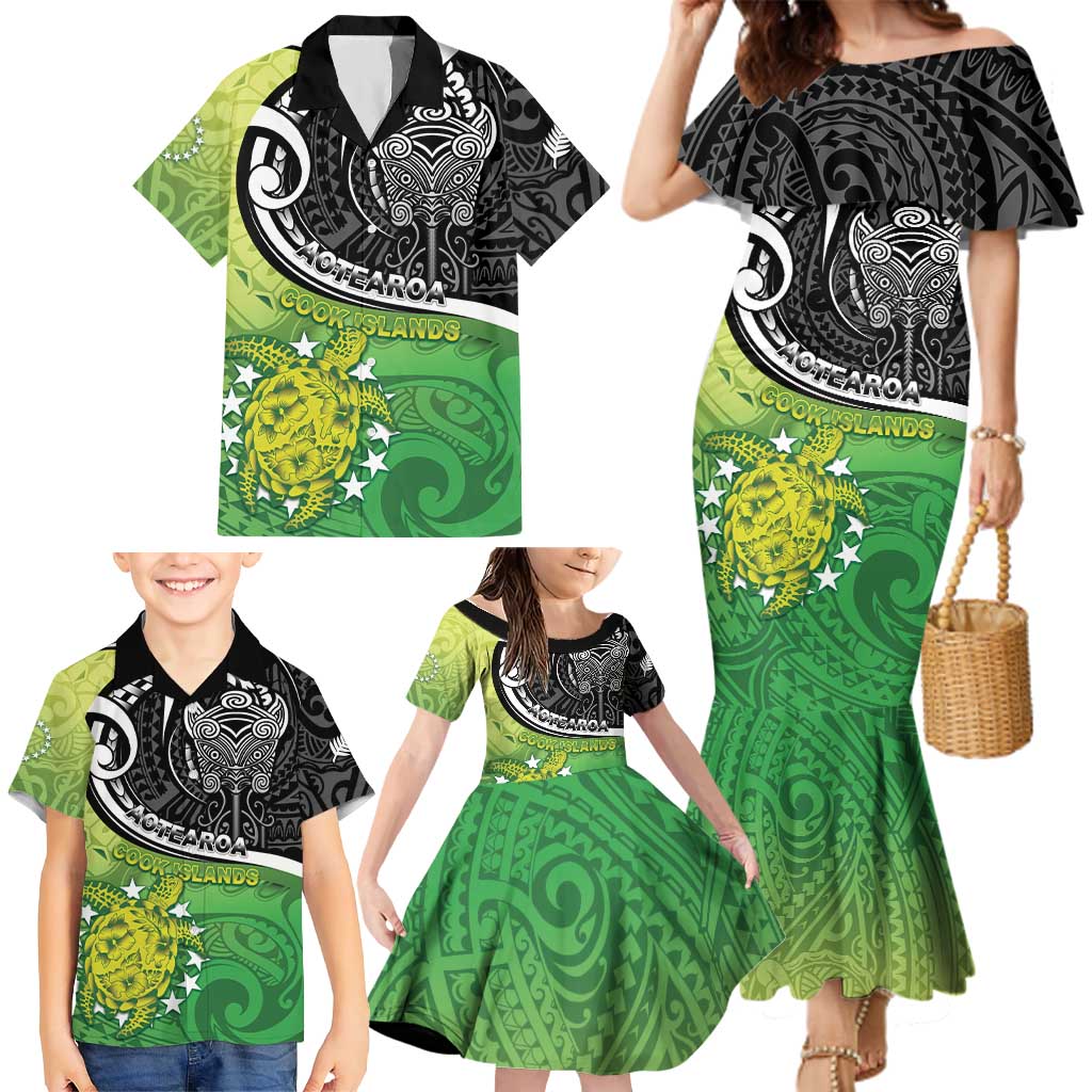 Personalised New Zealand Cook Islands Family Matching Mermaid Dress and Hawaiian Shirt Maori Tiki With Circle Stars Turtle LT05 - Polynesian Pride