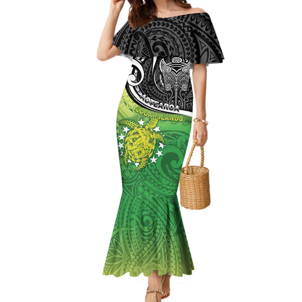 Personalised New Zealand Cook Islands Family Matching Mermaid Dress and Hawaiian Shirt Maori Tiki With Circle Stars Turtle LT05 Mom's Dress Multicolor - Polynesian Pride