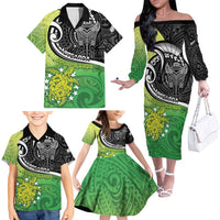Personalised New Zealand Cook Islands Family Matching Off The Shoulder Long Sleeve Dress and Hawaiian Shirt Maori Tiki With Circle Stars Turtle LT05 - Polynesian Pride