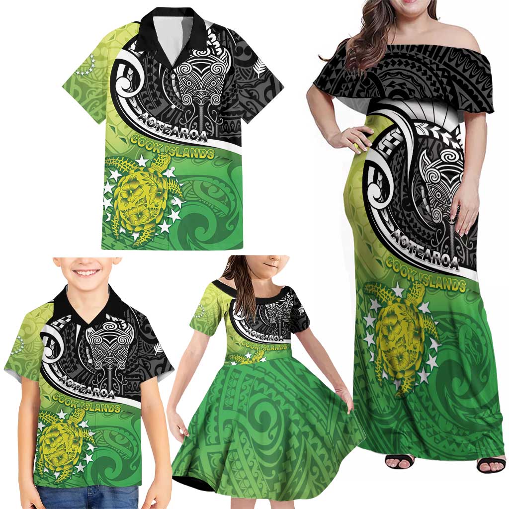 Personalised New Zealand Cook Islands Family Matching Off Shoulder Maxi Dress and Hawaiian Shirt Maori Tiki With Circle Stars Turtle LT05 - Polynesian Pride