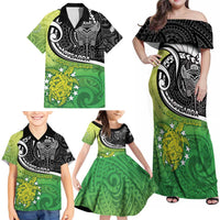 Personalised New Zealand Cook Islands Family Matching Off Shoulder Maxi Dress and Hawaiian Shirt Maori Tiki With Circle Stars Turtle LT05 - Polynesian Pride
