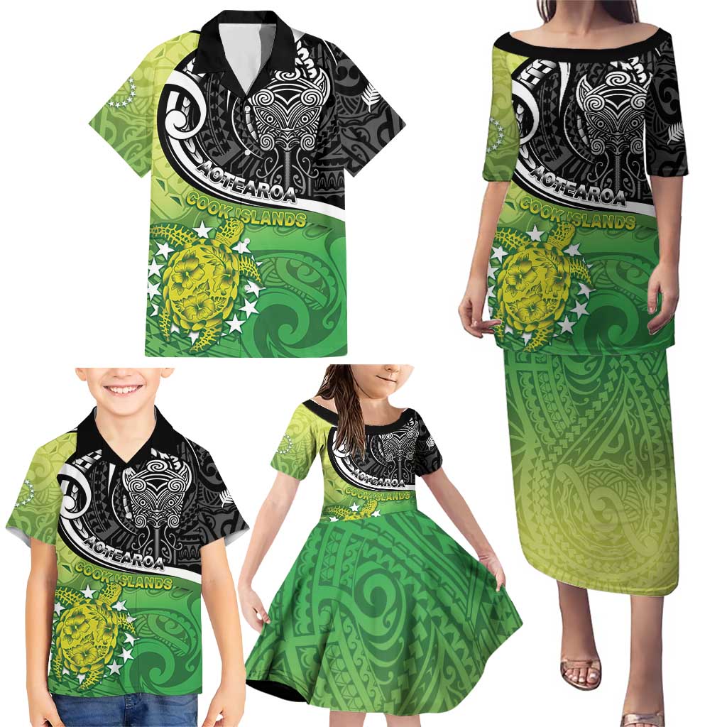 Personalised New Zealand Cook Islands Family Matching Puletasi and Hawaiian Shirt Maori Tiki With Circle Stars Turtle LT05 - Polynesian Pride
