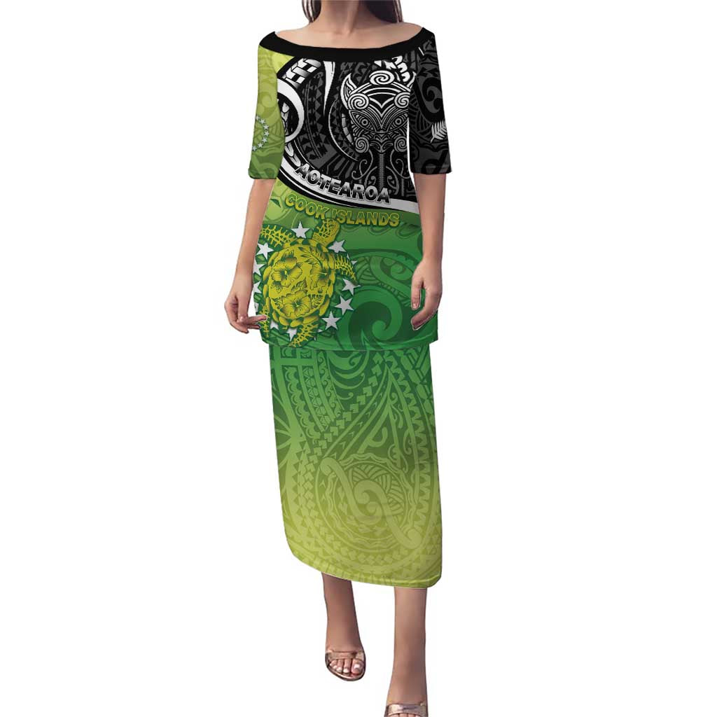 Personalised New Zealand Cook Islands Family Matching Puletasi and Hawaiian Shirt Maori Tiki With Circle Stars Turtle LT05 Mom's Dress Multicolor - Polynesian Pride