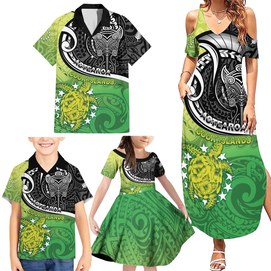 Personalised New Zealand Cook Islands Family Matching Summer Maxi Dress and Hawaiian Shirt Maori Tiki With Circle Stars Turtle LT05 - Polynesian Pride