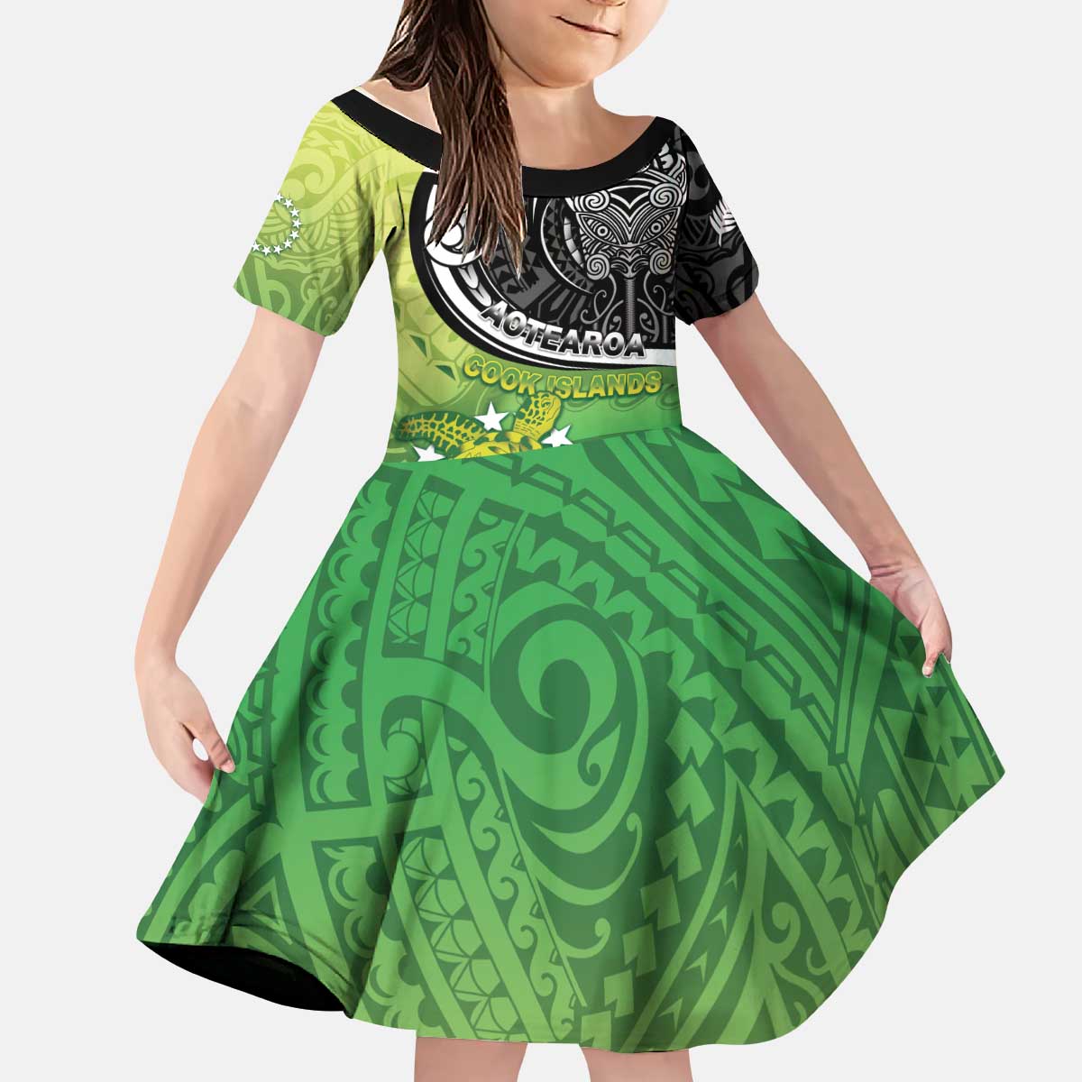 Custom New Zealand Cook Islands Kid Short Sleeve Dress Maori Tiki With Circle Stars Turtle - Polynesian Pride