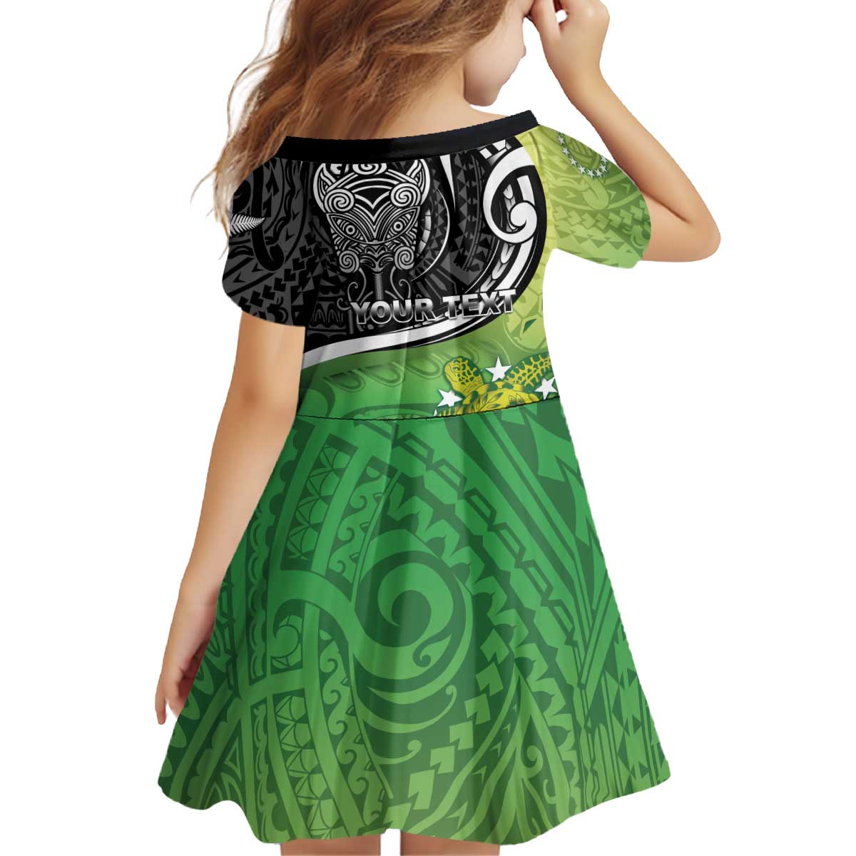 Custom New Zealand Cook Islands Kid Short Sleeve Dress Maori Tiki With Circle Stars Turtle - Polynesian Pride
