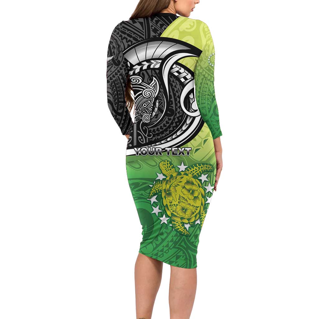Personalised New Zealand Cook Islands Long Sleeve Bodycon Dress Maori Tiki With Circle Stars Turtle LT05 - Polynesian Pride