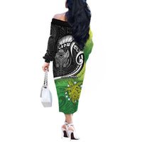 Personalised New Zealand Cook Islands Off The Shoulder Long Sleeve Dress Maori Tiki With Circle Stars Turtle LT05 - Polynesian Pride