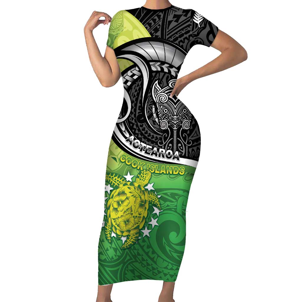Personalised New Zealand Cook Islands Short Sleeve Bodycon Dress Maori Tiki With Circle Stars Turtle LT05 Long Dress Multicolor - Polynesian Pride
