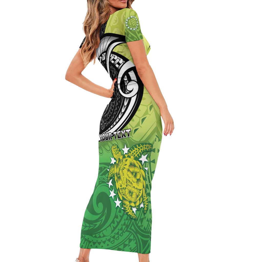 Personalised New Zealand Cook Islands Short Sleeve Bodycon Dress Maori Tiki With Circle Stars Turtle LT05 - Polynesian Pride