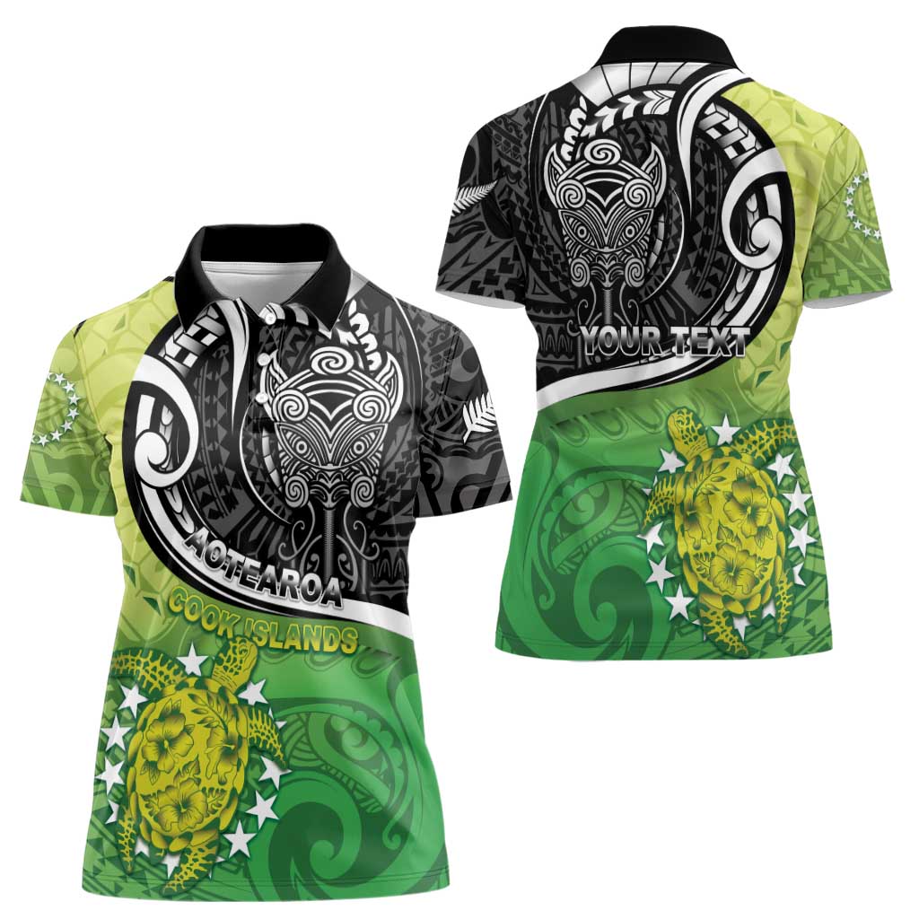 Personalised New Zealand Cook Islands Women Polo Shirt Maori Tiki With Circle Stars Turtle LT05 - Polynesian Pride