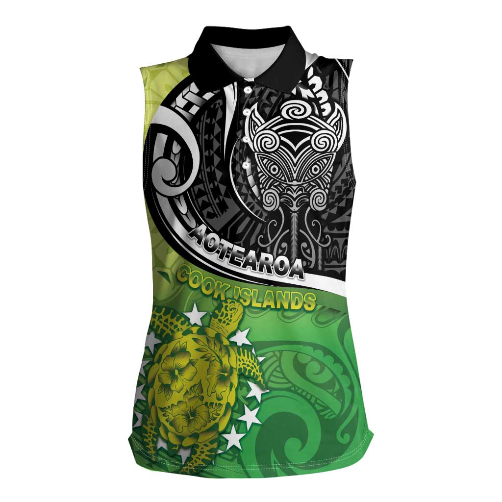 Personalised New Zealand Cook Islands Women Sleeveless Polo Shirt Maori Tiki With Circle Stars Turtle LT05 Female Multicolor - Polynesian Pride