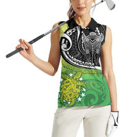 Personalised New Zealand Cook Islands Women Sleeveless Polo Shirt Maori Tiki With Circle Stars Turtle LT05 - Polynesian Pride