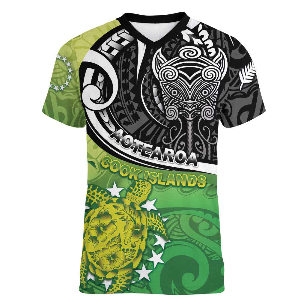 Personalised New Zealand Cook Islands Women V-Neck T-Shirt Maori Tiki With Circle Stars Turtle LT05 Female Multicolor - Polynesian Pride