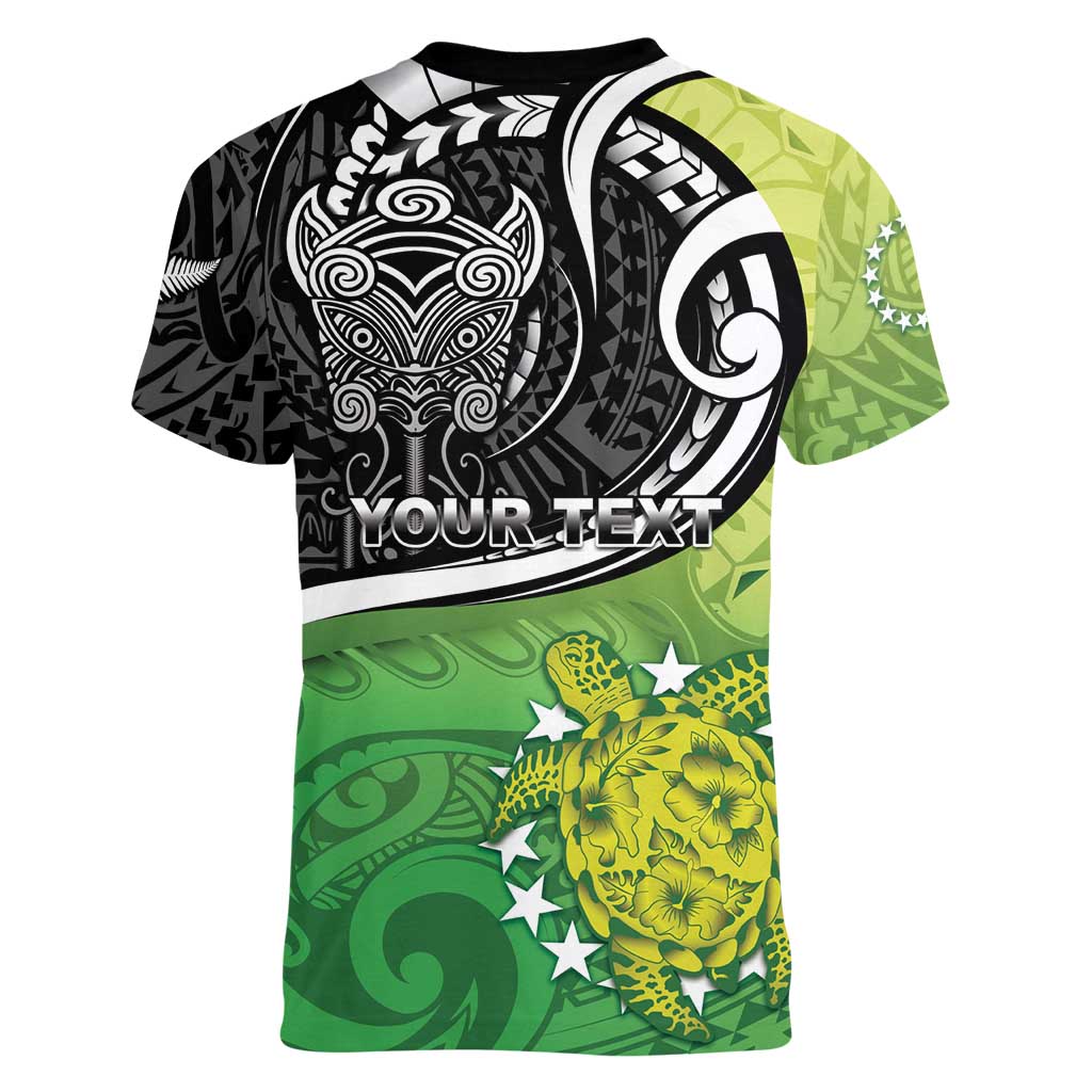 Personalised New Zealand Cook Islands Women V-Neck T-Shirt Maori Tiki With Circle Stars Turtle LT05 - Polynesian Pride