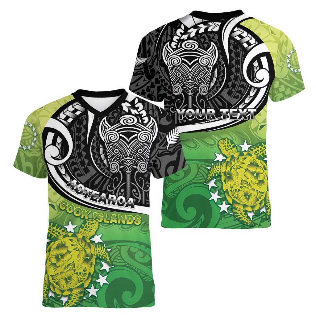 Personalised New Zealand Cook Islands Women V-Neck T-Shirt Maori Tiki With Circle Stars Turtle LT05 - Polynesian Pride