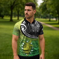 Personalised New Zealand Cook Islands Zipper Polo Shirt Maori Tiki With Circle Stars Turtle LT05 - Polynesian Pride